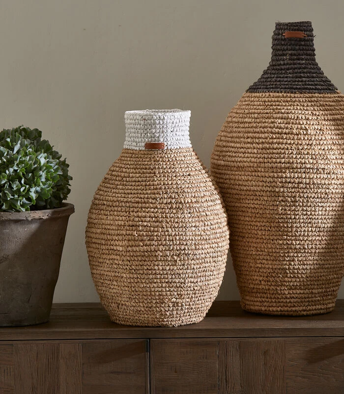 Rieten Vaas Droogbloemen, Ovaal Met Wit Detail - Sisal - Bruin / Wit 4 Rieten Vaas Droogbloemen, Ovaal Met Wit Detail - Sisal - Bruin / Wit - Afbeelding 2