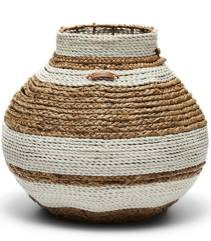 Rieten Vaas, Rond Met Streep - Emelisse - Bruin/ Wit - Maat S 3 Rieten Vaas, Rond Met Streep - Emelisse - Bruin/ Wit - Maat S
