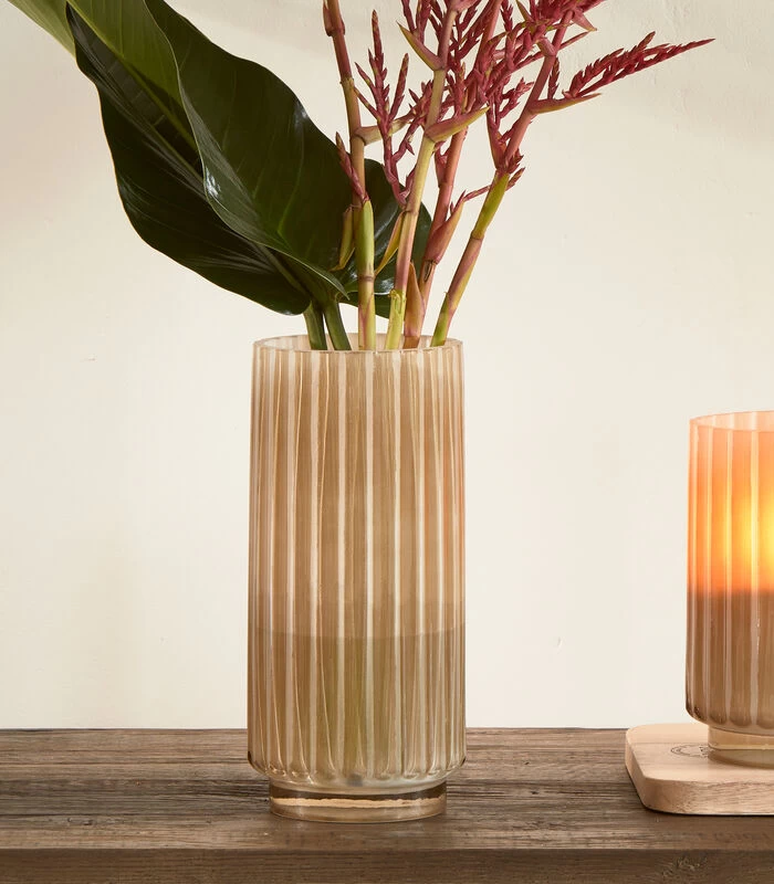 Vaas Glas Met Ribbel, Bloemenvaas Cylinder - Flamenco - Beige 4 Vaas Glas Met Ribbel, Bloemenvaas Cylinder - Flamenco - Beige - Afbeelding 2